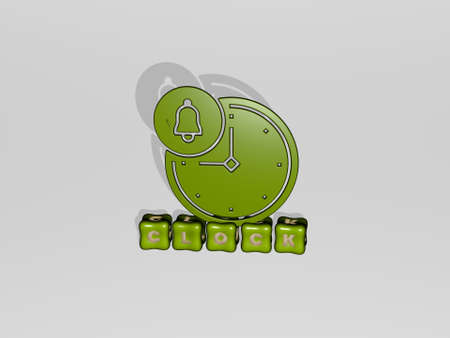 3D representation of clock with icon on the wall and text arranged by metallic cubic letters on a...