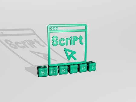 3D representation of SCRIPT with icon on the wall and text arranged by metallic cubic letters on a...