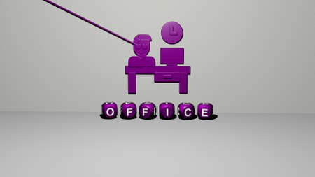 3D illustration of office graphics and text made by metallic dice letters for the related meanings...