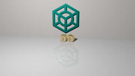 3D representation of 3d with icon on the wall and text arranged by metallic cubic letters on a mirror floor for concept meaning and slideshow presentation. illustration and backgroundの写真素材