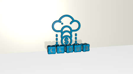 3D representation of CLOUD with icon on the wall and text arranged by metallic cubic letters on a mirror floor for concept meaning and slideshow presentation. background and blueの写真素材