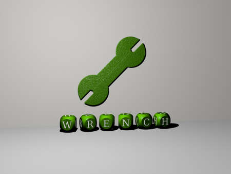 3D representation of WRENCH with icon on the wall and text arranged by metallic cubic letters on a mirror floor for concept meaning and slideshow presentation. illustration and backgroundの写真素材