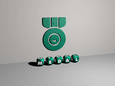 3D representation of MEDAL with icon on the wall and text arranged by metallic cubic letters on a...