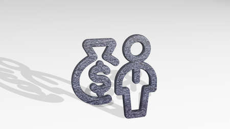 monetization user bag casting shadow with two lights. 3D illustration of metallic sculpture over a white background with mild texture. icon and interfaceの写真素材