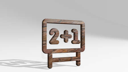 school board maths casting shadow with two lights. 3D illustration of metallic sculpture over a...