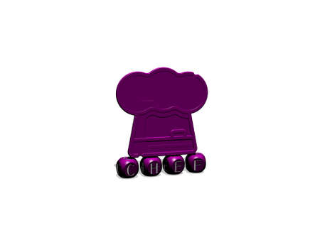 3D representation of CHEF with icon on the wall and text arranged by metallic cubic letters on a mirror floor for concept meaning and slideshow presentation. cook and cookingの写真素材