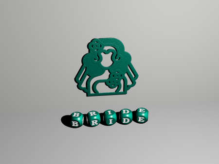 3D illustration of bride graphics and text made by metallic dice letters for the related meanings of...