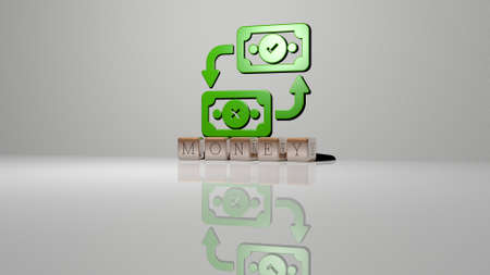 3D representation of money with icon on the wall and text arranged by metallic cubic letters on a...