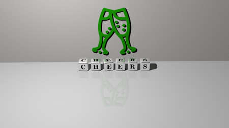 3D representation of cheers with icon on the wall and text arranged by metallic cubic letters on a mirror floor for concept meaning and slideshow presentation. celebration and alcoholの写真素材