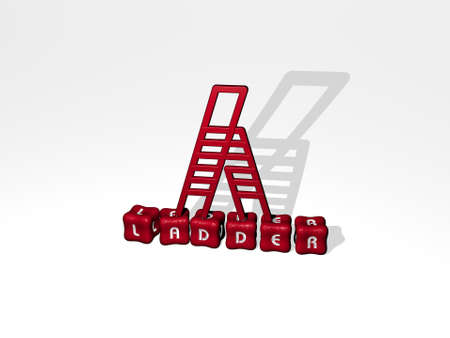 3D representation of ladder with icon on the wall and text arranged by metallic cubic letters on a mirror floor for concept meaning and slideshow presentation. illustration and backgroundの写真素材
