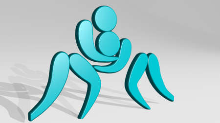 wrestling made by 3D illustration of a shiny metallic sculpture with the shadow on light background. competition and armの写真素材