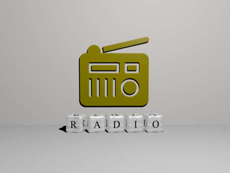 3D representation of radio with icon on the wall and text arranged by metallic cubic letters on a mirror floor for concept meaning and slideshow presentation. illustration and backgroundの写真素材