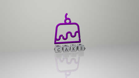 3D illustration of CAKE graphics and text made by metallic dice letters for the related meanings of...