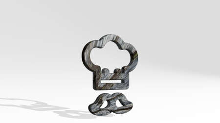 chef gear hat moustache made by 3D illustration of a shiny metallic sculpture casting shadow on light background. cook and cookingの写真素材