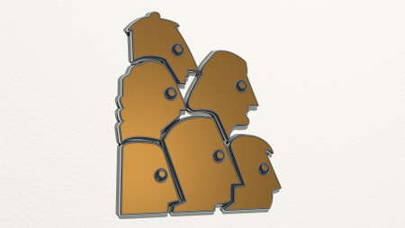 PEOPLE LOOKING on the wall. 3D illustration of metallic sculpture over a white background with mild...