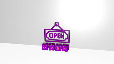3D representation of open with icon on the wall and text arranged by metallic cubic letters on a mirror floor for concept meaning and slideshow presentation. background and illustrationの写真素材