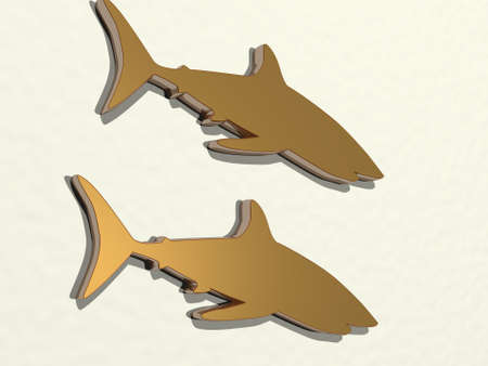 SHARK from a perspective on the wall. A thick sculpture made of metallic materials of 3D rendering. illustration and animalの写真素材