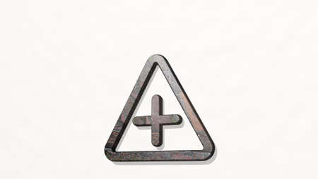 road sign crossroad from a perspective on the wall. A thick sculpture made of metallic materials of...