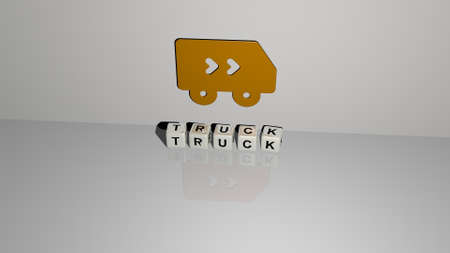 3D representation of truck with icon on the wall and text arranged by metallic cubic letters on a mirror floor for concept meaning and slideshow presentation. illustration and carの写真素材