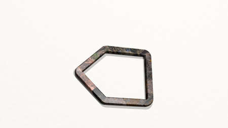 arrow left made by 3D illustration of a shiny metallic sculpture on a wall with light background. icon and designの写真素材