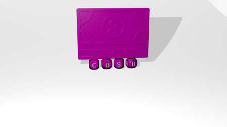 3D illustration of cash graphics and text made by metallic dice letters for the related meanings of...