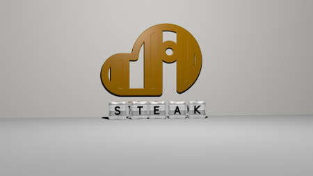 3D illustration of steak graphics and text made by metallic dice letters for the related meanings of...