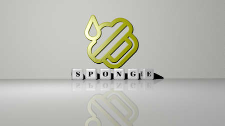 3D representation of SPONGE with icon on the wall and text arranged by metallic cubic letters on a...