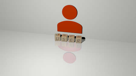 3D representation of user with icon on the wall and text arranged by metallic cubic letters on a...