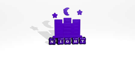 3D illustration of NIGHT graphics and text made by metallic dice letters for the related meanings of...