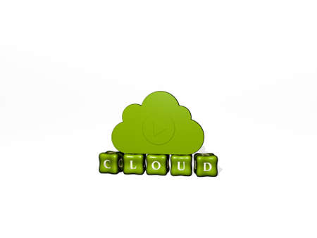 3D representation of CLOUD with icon on the wall and text arranged by metallic cubic letters on a mirror floor for concept meaning and slideshow presentation. background and blueの写真素材