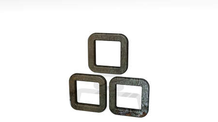 MODULE THREE casting shadow with two lights. 3D illustration of metallic sculpture over a white...