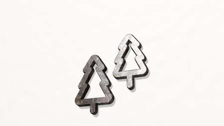 trees made by 3D illustration of a shiny metallic sculpture on a wall with light background....