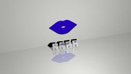 3D graphical image of lips vertically along with text built by metallic cubic letters from the top perspective, excellent for the concept presentation and slideshows. beautiful and womanの写真素材