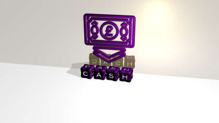 3D graphical image of cash vertically along with text built by metallic cubic letters from the top...
