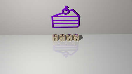 3D graphical image of CAKE vertically along with text built by metallic cubic letters from the top...