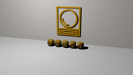 3D illustration of SCALE graphics and text made by metallic dice letters for the related meanings of...