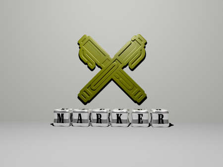 3D illustration of marker graphics and text made by metallic dice letters for the related meanings...