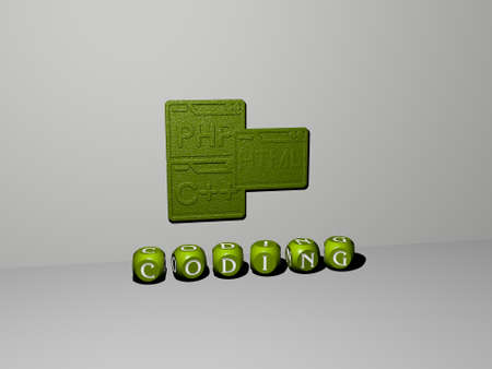 3D representation of CODING with icon on the wall and text arranged by metallic cubic letters on a mirror floor for concept meaning and slideshow presentation. illustration and codeの写真素材