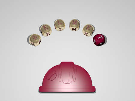 3D representation of HELMET with icon on the wall and text arranged by metallic cubic letters on a mirror floor for concept meaning and slideshow presentation. illustration and backgroundの写真素材