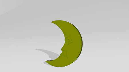 MOON from a perspective on the wall. A thick sculpture made of metallic materials of 3D rendering. illustration and backgroundの写真素材