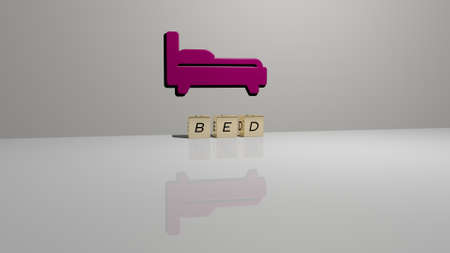 3D representation of bed with icon on the wall and text arranged by metallic cubic letters on a mirror floor for concept meaning and slideshow presentation. bedroom and beautifulの写真素材