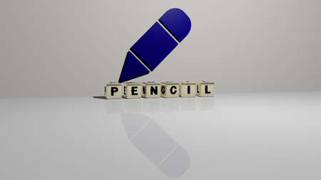 3D representation of pencil with icon on the wall and text arranged by metallic cubic letters on a mirror floor for concept meaning and slideshow presentation. illustration and backgroundの写真素材
