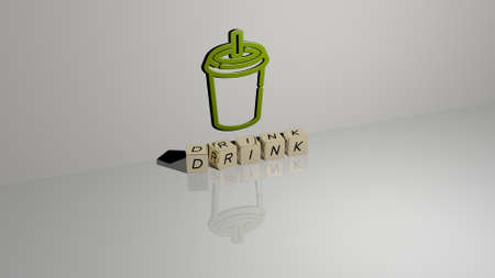 3D graphical image of DRINK vertically along with text built by metallic cubic letters from the top...