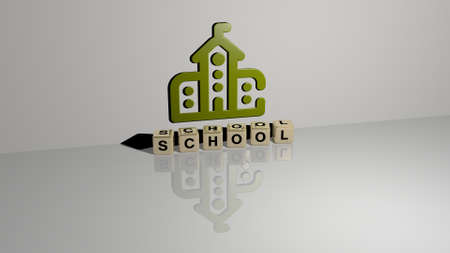 3D graphical image of SCHOOL vertically along with text built by metallic cubic letters from the top...
