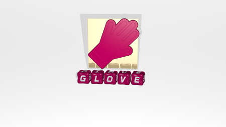 3D representation of glove with icon on the wall and text arranged by metallic cubic letters on a mirror floor for concept meaning and slideshow presentation. hand and backgroundの写真素材