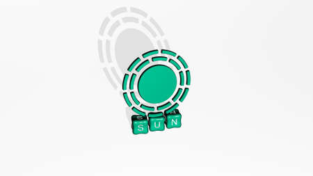 3D graphical image of sun vertically along with text built by metallic cubic letters from the top perspective, excellent for the concept presentation and slideshows. background and illustrationの写真素材