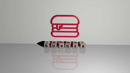 3D representation of BURGER with icon on the wall and text arranged by metallic cubic letters on a...