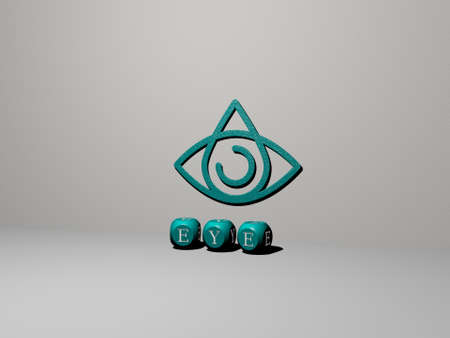 3D representation of eye with icon on the wall and text arranged by metallic cubic letters on a...