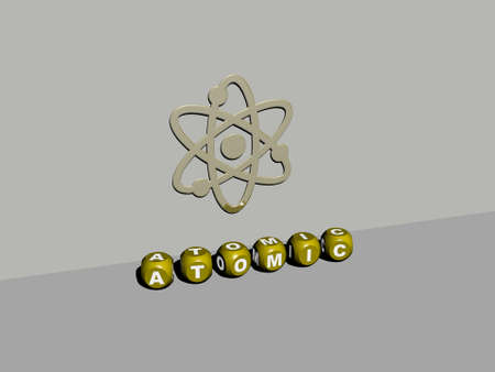3D illustration of ATOMIC graphics and text made by metallic dice letters for the related meanings...