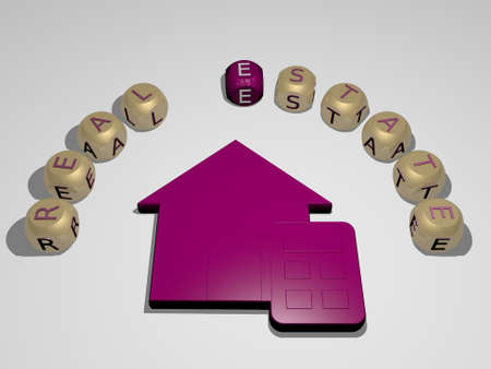3D graphical image of REAL ESTATE vertically along with text built around the icon by metallic cubic...